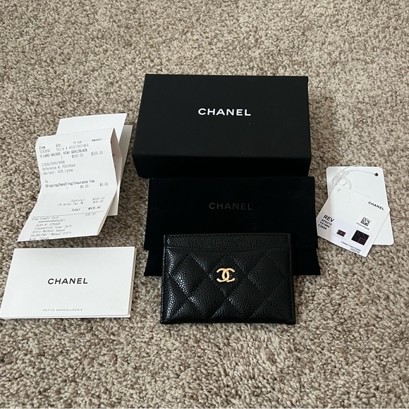 CHANEL Handbags - FULL SET Chanel Classic Card Holder Grained Black Calfskin Light Gold Hardware
